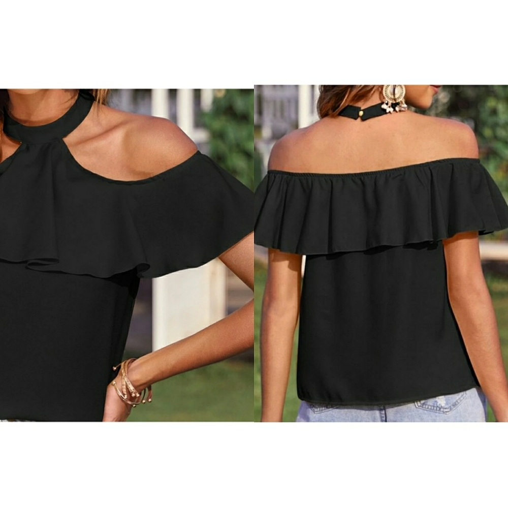 NWOT SHEIN OFF THE SHOULDERS RUFFLE TRIM - Picture 2 of 4